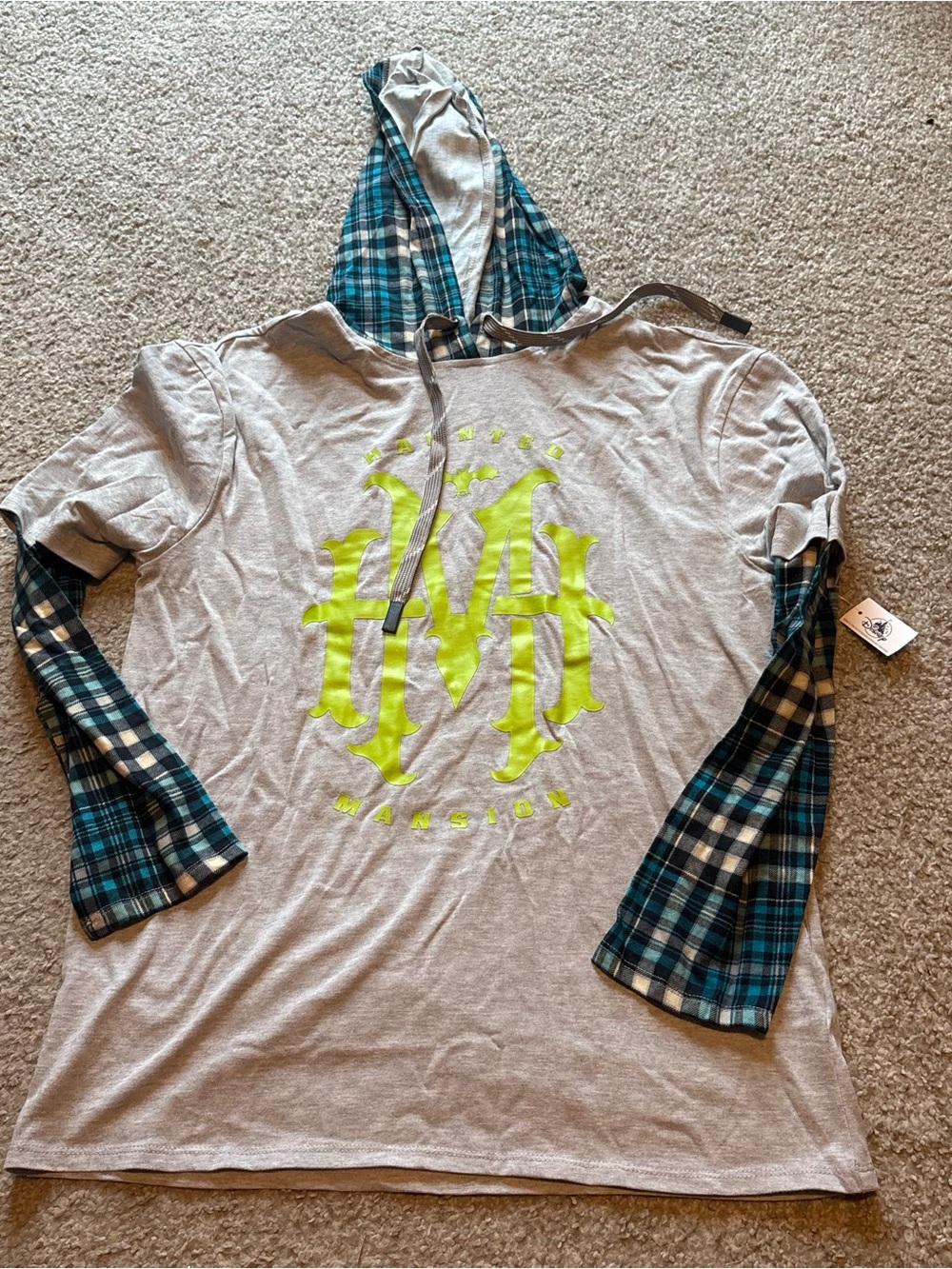 Disney The Haunted Mansion Layered Look Pullover Hooded Shirt Medium NEW plaid